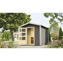 Garten mit einem grauen Gartenhaus mit geöffneter Holztür