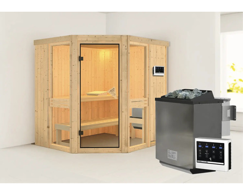 Elementsauna Karibu Omelia 1 inkl. 9 kW Bio Ofen u.ext.Steuerung ohne Dachkranz mit bronzierter Ganzglastüre