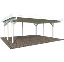 Weißer Holzcarport auf Pflastersteinen