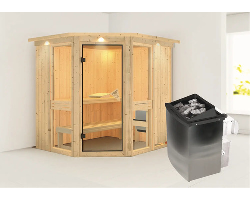 Elementsauna Karibu Omelia 1 inkl. 9 kW Ofen u.integr.Steuerung mit Dachkranz und bronzierter Ganzglastüre