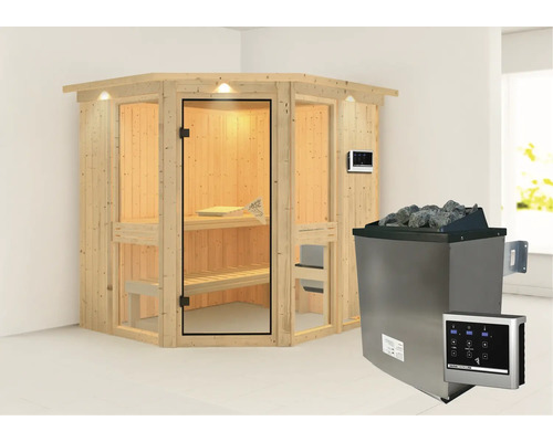 Elementsauna Karibu Omelia 1 inkl. 9 kW Ofen u.ext.Steuerung mit Dachkranz und bronzierter Ganzglastüre