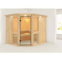 Ecksauna aus Holz mit Glastür und Innenbeleuchtung
