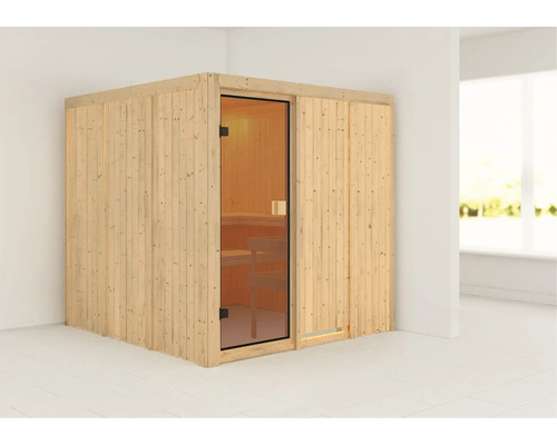 Elementsauna Karibu Oulu ohne Ofen und Dachkranz mit bronzierter Ganzglastüre Finnische Sauna mit Glastür und Holzwänden.