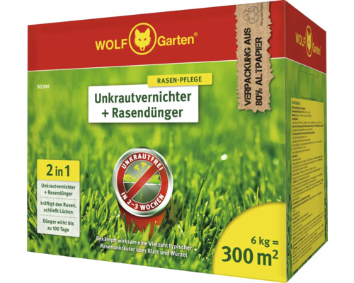 Verpackung Wolf Garten Unkrautvernichter plus Rasendünger, 6 kg für 300 Quadratmeter Rasenfläche