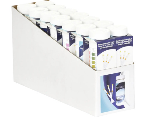 Displaybox mit Wasser Teststreifen zur Bestimmung von Chlor, pH-Wert und Alkalinität