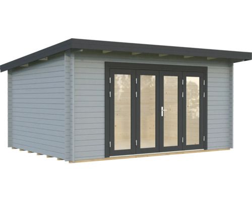 Gartenhaus Palmako Lea 14,2 m² inkl. Fußboden 494 x 402 cm hellgrau-anthrazit Gartenhaus aus Holz mit Flügeltür und Satteldach