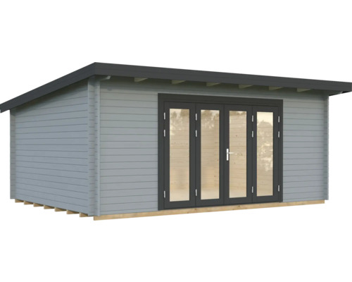 Gartenhaus Palmako Lea 19,4 m² inkl. Fußboden 578 x 451 cm hellgrau-anthrazit Holzgartenhaus mit Doppeltür
