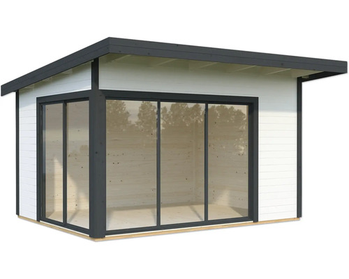 Gartenhaus Palmako Andrea 11,2 m² Slide inkl. Fußboden 434 x 402 cm weiß-anthrazit Gartenhaus mit Schiebetür und Flachdach