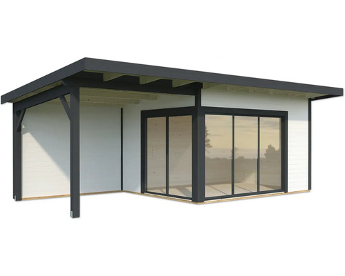 Modernes Gartenhaus mit Schiebetür aus Glas und überdachtem Bereich