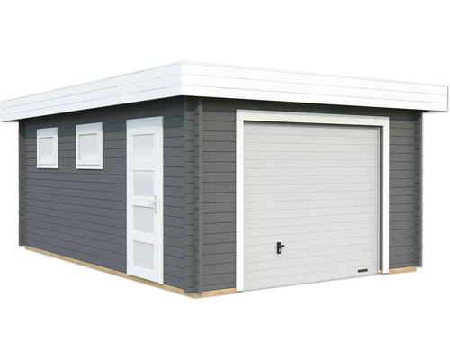 Einzelgarage Palmako Rasmus 19 m² mit Sektionaltor 420 x 598 cm dunkelgrau Holzgarage mit Sektionaltor, Nebentür und Fenstern