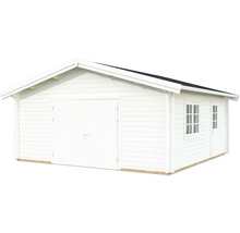 Weißes Gartenhaus mit Doppeltür und Fenstern