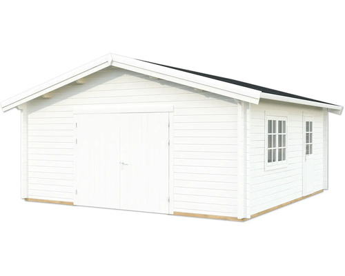 Weißes Gartenhaus mit Doppeltür und Fenstern