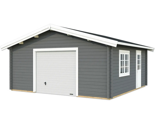 Graues Gerätehaus mit Garagentor, Fenster und Tür