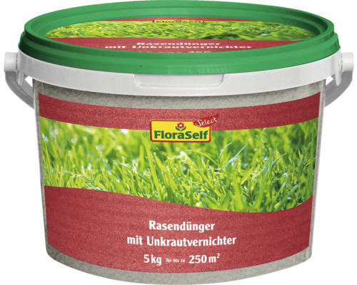 Rasendünger mit Unkrautvernichter FloraSelf Select 5 kg / 250 m² Rasendünger mit Unkrautvernichter im Eimer, 5 kg für bis zu 250 m²