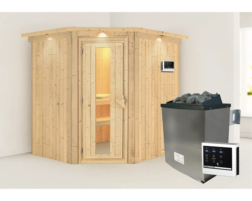 Elementsauna Karibu Petalit inkl. 9 kW Ofen u.ext.Steuerung mit Dachkranz und Holztüre mit Isolierglas wärmegedämmt Elementsauna Karibu Petalit inkl. 9 kW Ofen u.ext.Steuerung mit Dachkranz und Holztüre mit Isolierglas wärmegedämmt