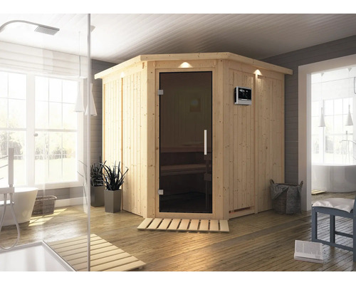 Elementsauna Karibu Piemon inkl. 9 kW Ofen u.ext.Steuerung mit Dachkranz und graphitfarbiger Ganzglastüre