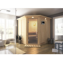 Helle Sauna mit Glastür in einem Badezimmer mit Dusche und Badewanne.