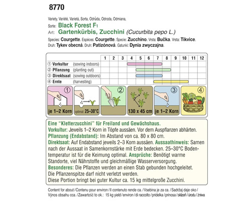 Anleitung zum Anbau von Black Forest F1 Zucchini mit Informationen zu Vorkultur, Pflanzung, Direktsaat und Ernte