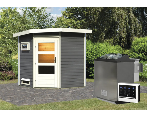 Saunahaus Karibu Rubin 1 inkl.9kW Bio Ofen u.ext.Steuerung mit Holztüre und Klarglas terragrau/weiß