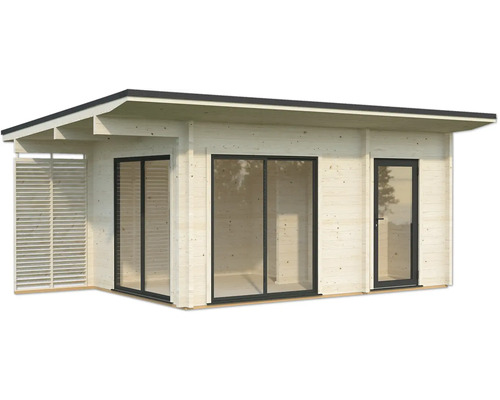 Holzgartenhaus mit Schiebetüren und Lamellenwand