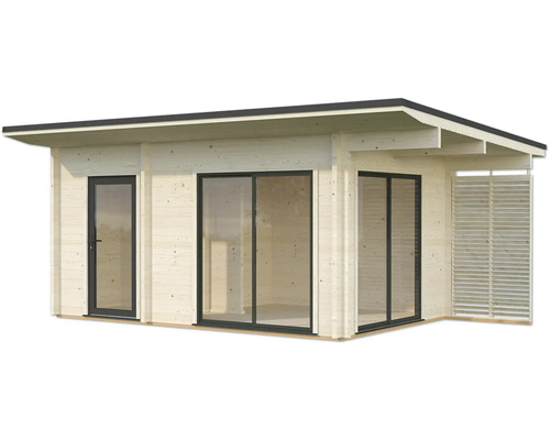 Modernes Gartenhaus aus Holz mit Tür, Schiebefenster und Lamellenwand