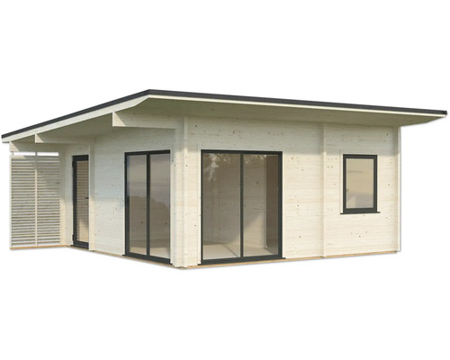 Modernes Gartenhaus aus Holz mit Fenster und Schiebetüren