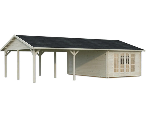 Holzgartenhaus mit überdachtem Anbau
