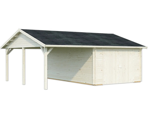 Holzgartenhaus mit Carport und Dachpappe