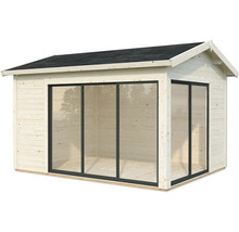 Gartenhaus mit Holzstruktur und Glasfront