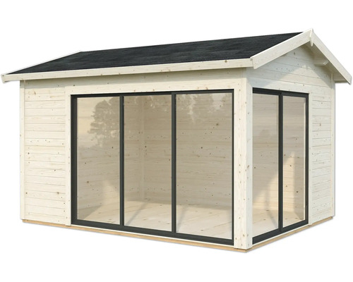 Gartenhaus aus Holz mit großen Glasfronten für viel Tageslicht