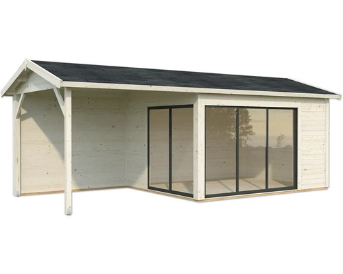 Gartenhaus mit überdachter Veranda und Glasschiebetüren