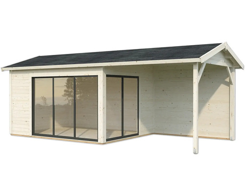 Holzgartenhaus mit Flachdach und Glasschiebetüren