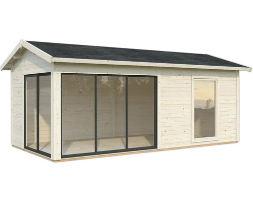 Gartenhaus aus Holz mit großen Fenstern und schwarzem Dach