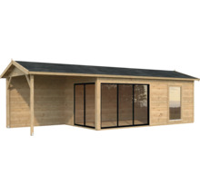 Holzgartenhaus mit schwarzem Dach, Schiebetüren und Fenster