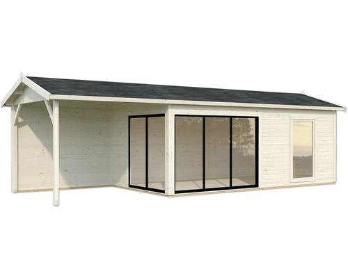 Holzgartenhaus mit Überdachung und Schiebetüren