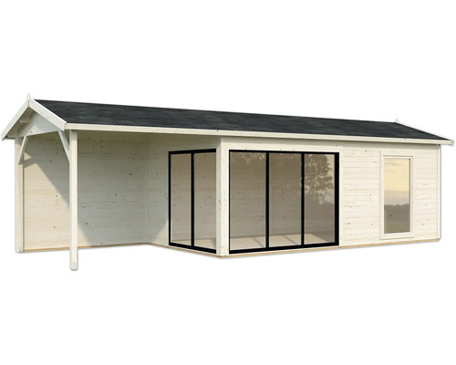 Holzgartenhaus mit Glasfront und Überdachung