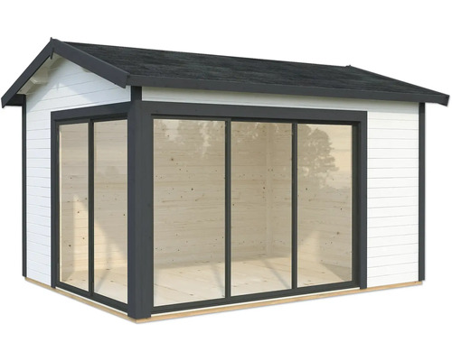 Gartenhaus Palmako Amanda 11,2 m² Slide inkl. Fußboden 434 x 340 cm weiß-anthrazit Gartenhaus mit großen Glasflächen und Satteldach