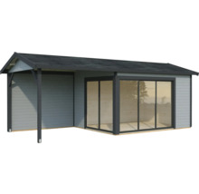 Holzgartenhaus mit Glasfront und überdachtem Bereich