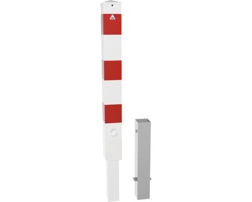Absperrpfosten Stahlrohr 100 x 100 x 3 mm herausnehmbar mit Dreikantverschluss Absperrpfosten mit rot-weißen Streifen
