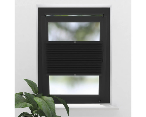 Schwarzes Plissee am Fenster zur Lichtregulierung und zum Schutz der Privatsphäre.
