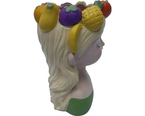 Blumentopf in Form eines Mädchenkopfes mit Fruchtkopfschmuck
