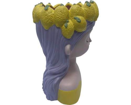 Blumentopf in Form eines Mädchenkopfes mit Zitronenkrone