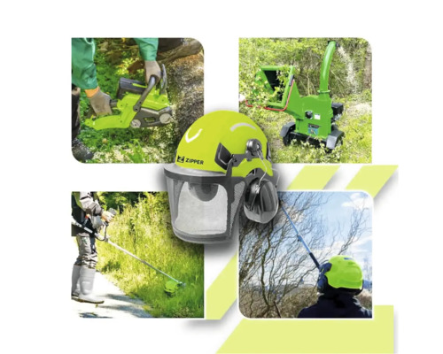 Bildcollage mit Gartengeräten und einem Forsthelm mit Gesichtsschutz und Gehörschutz