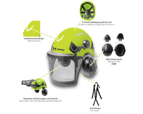 Forsthelm mit Gesichtsschutz, Gehörschutz und Kinnriemen