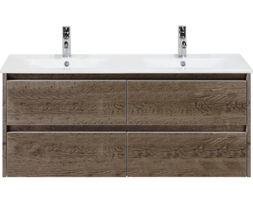 Waschtischunterschrank mit Doppelwaschbecken und vier Schubladen in Holzoptik