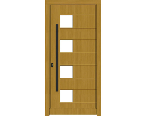 Haustür DW04 Kiefer/Eiche S12-Honig 1100x2100 mm DIN Links (nach innen öffnend) Holztür mit vier quadratischen Fenstern und langem Griff