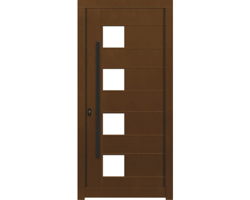 Haustür DW04 Kiefer/Eiche Aformosia 1100x2100 mm DIN Links (nach innen öffnend) Braune Haustür mit vier Glaseinsätzen und Griff