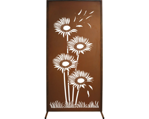 Dekorative Sichtschutzwand mit Ausstanzungen von Sonnenblumen und Gras