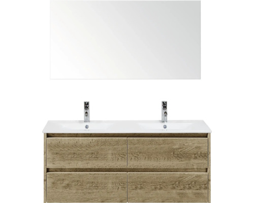 Waschtischkombination mit zwei Waschbecken, Unterschrank mit vier Schubladen und Spiegel