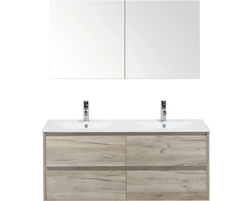 Badezimmermöbelset mit Doppelwaschbecken, Armaturen und Spiegelschrank